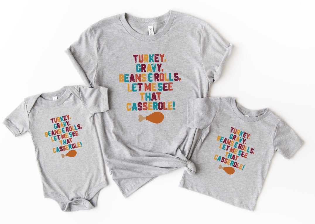 YOUTH Turkey, Gravy, beans & rolls, let me see that casserole HIGH HEAT screen print transfer