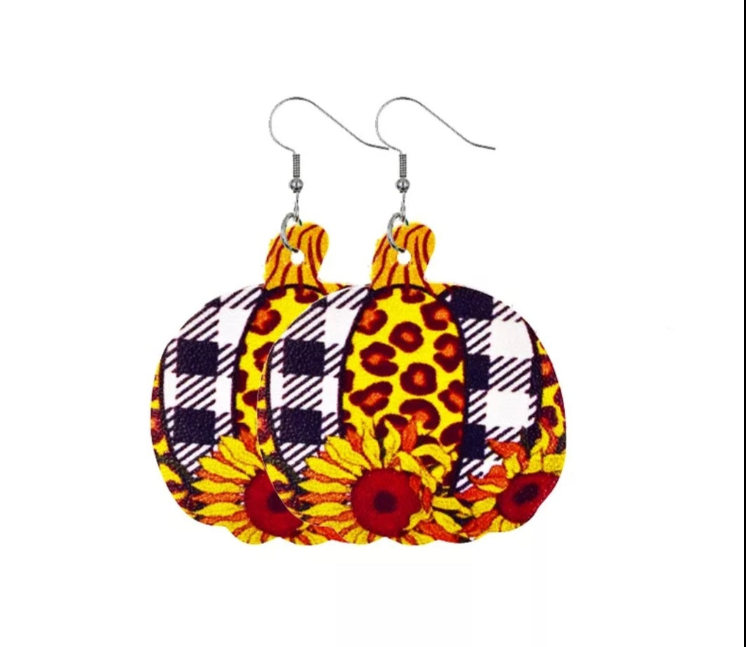 Pumpkin with leopard/plaid/sunflowers earrings