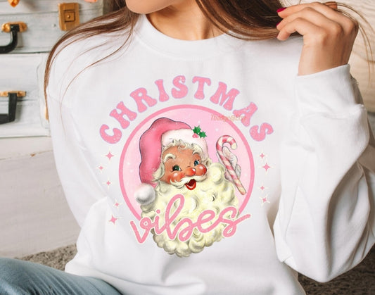 Christmas vibes PINK circle with Santa 8458 DTF TRANSFER