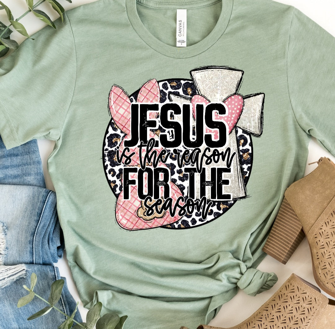 Jesus is the reason for the season leopard circle with pink bunny and grey cross pink heart DTF TRANSFER