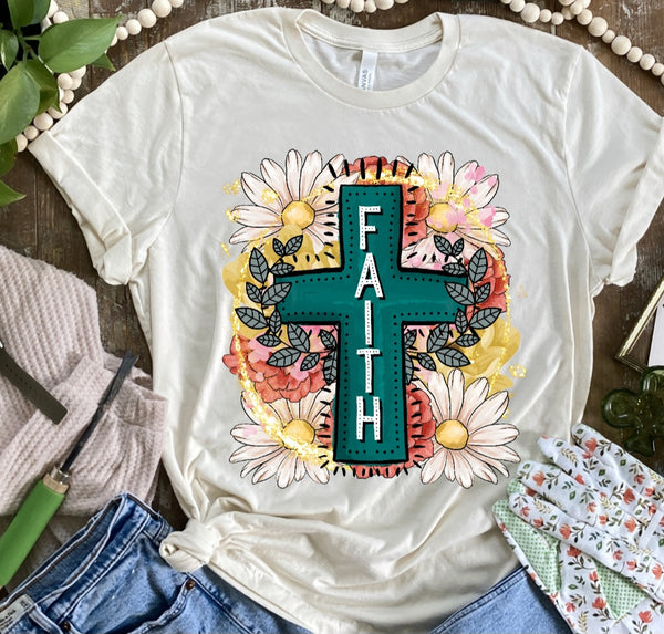 Faith green cross with florals DTF Transfer