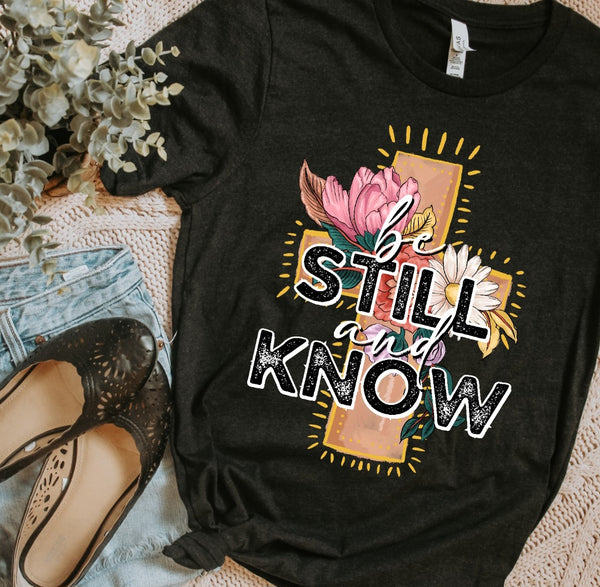 Be still and know cross with flowers DTF Transfer