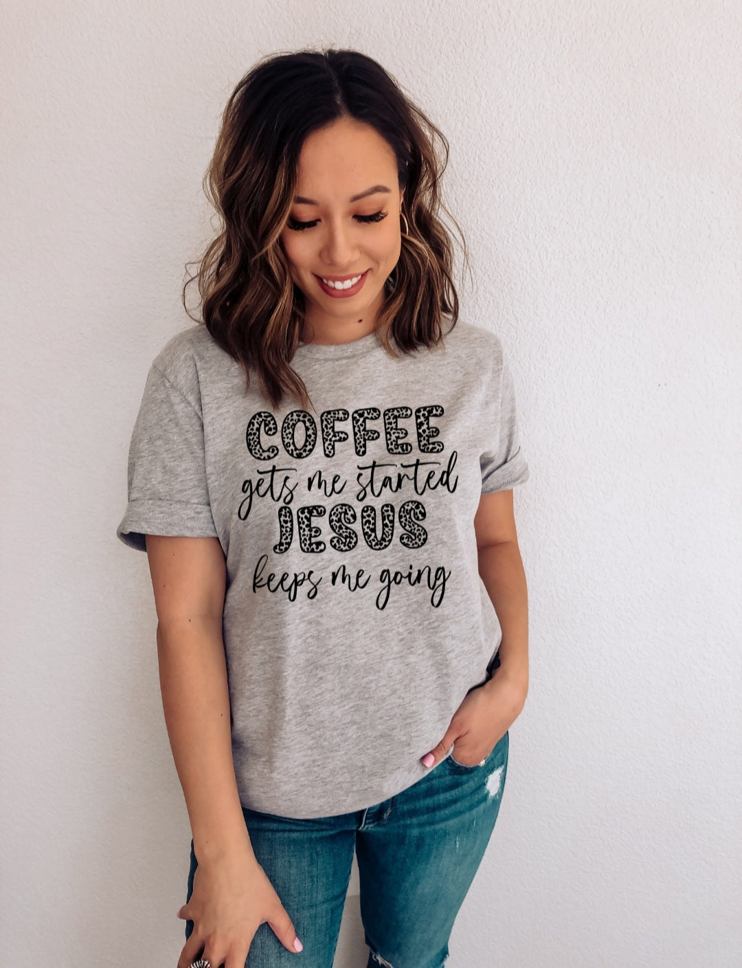 Coffee gets me started Jesus keeps me going leopard print words DTF TRANSFER