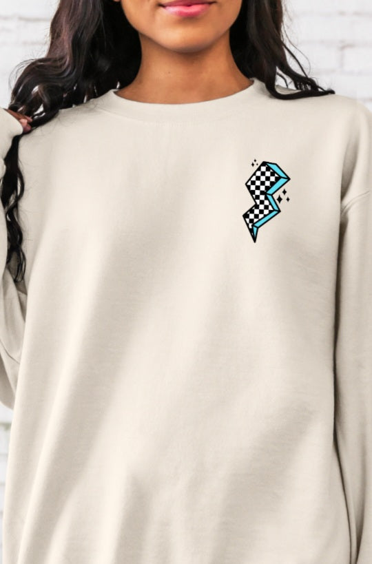 Lighting bolt blue outline black checkered DTF transfer