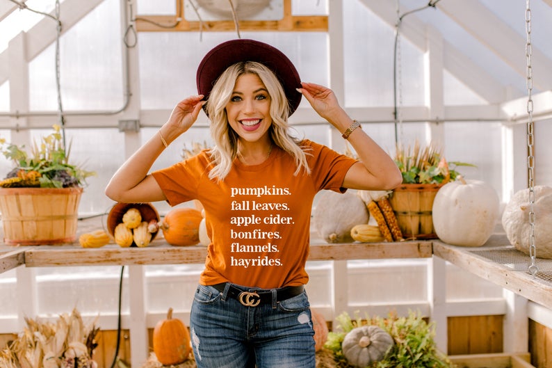 Fall list WHITE (pumpkins, fall leaves, applie cider, bonfires,flannels,hayrides) screen print transfer