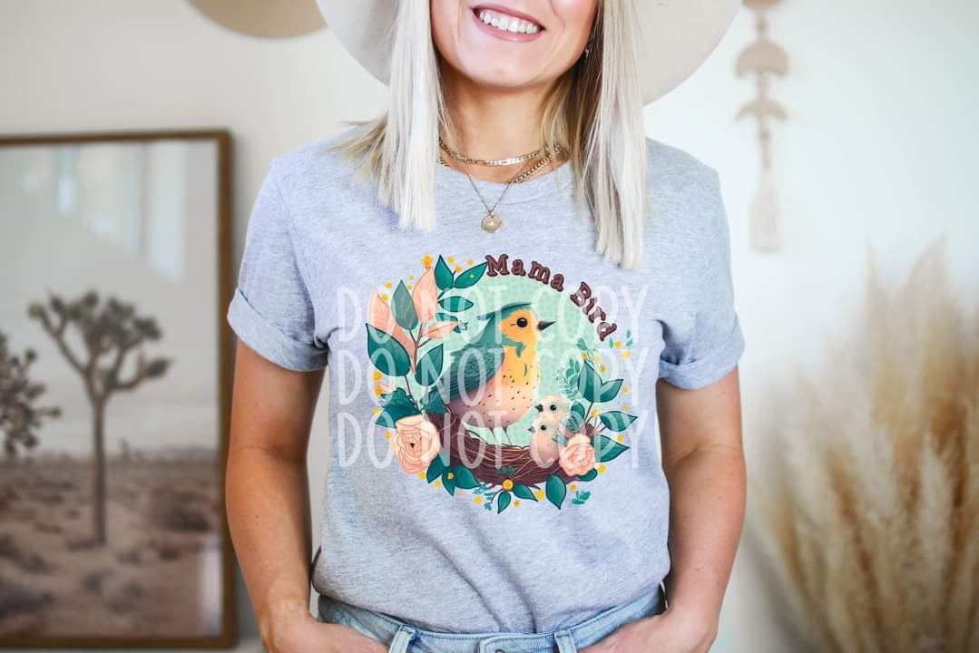 Mama bird (mama bird with two baby birds, flowers circle) DTF TRANSFER