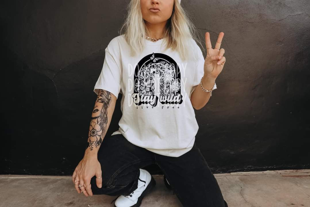 Stay Wild Live Free Black Rainbow and flowers DTF transfer