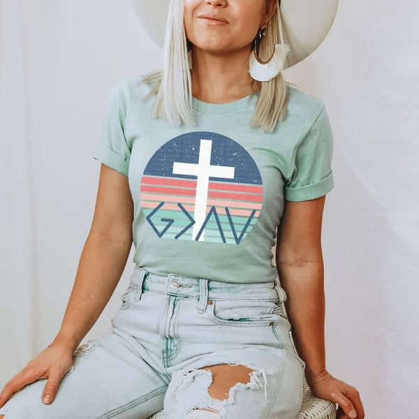 God is greater than my highs and lows (white cross, colorful circle) DTF transfer