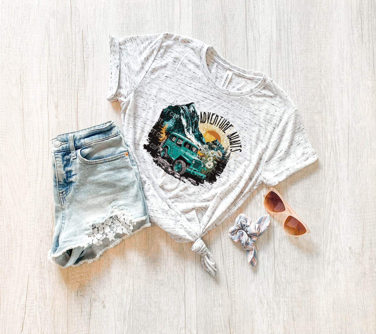 Adventure Awaits blue car wave 112163 DTF transfer