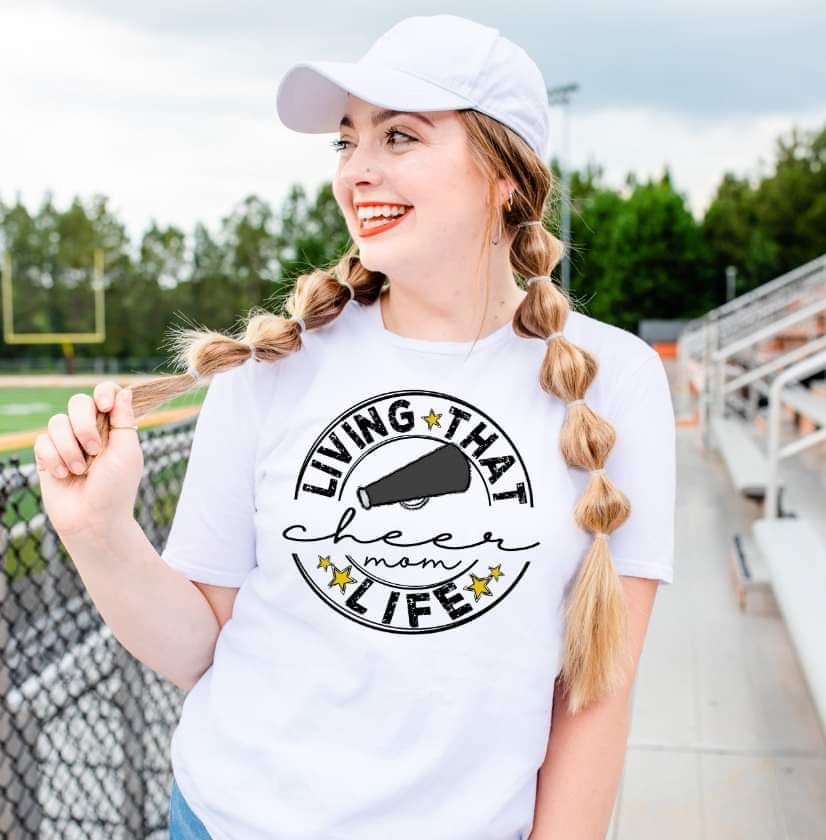 Living That Cheer Mom Life DTF transfer