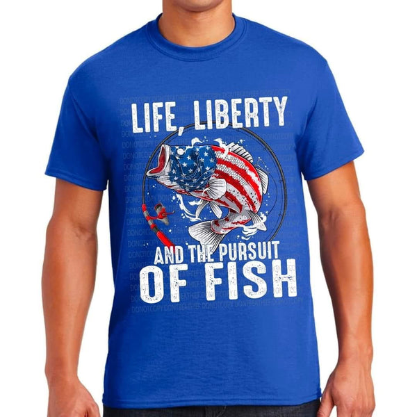 Life, liberty and the pursuit of fish WHITE LETTERING (patriotic fish in circle) DTF TRANSFER