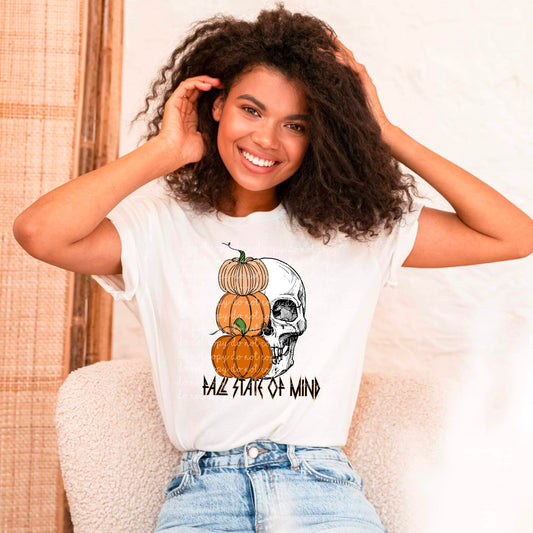 Fall state of mind with stacked pumpkins and skulls 112118 DTF TRANSFER