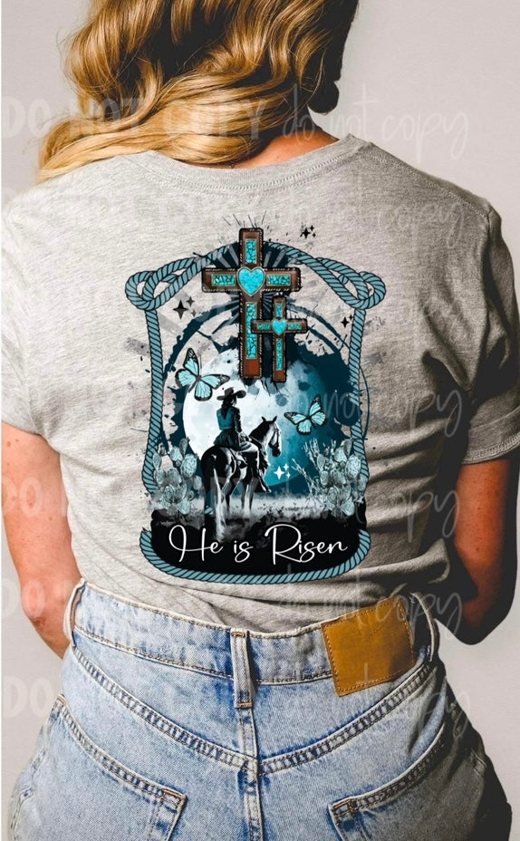 He is risen turquoise crosses with heart (cowgirl, horse, butterflies, two turquoise crosses, rope) has matching pocket available DTF transfer