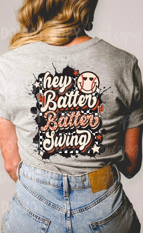 Baseball hey batter batter swing smiley with heart eyes (leopard batter lettering, stars, black splats, checkered background) has matching pocket available DTF transfer