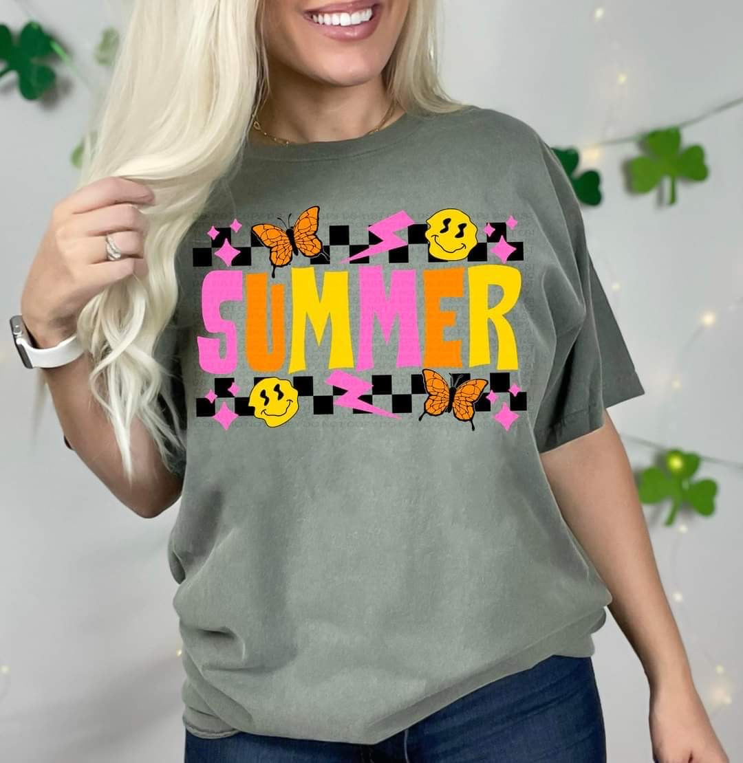 Summer colorful pink, orange, yellow (smileys, butterflies, lightning bolts, checkered background) DTF TRANSFER