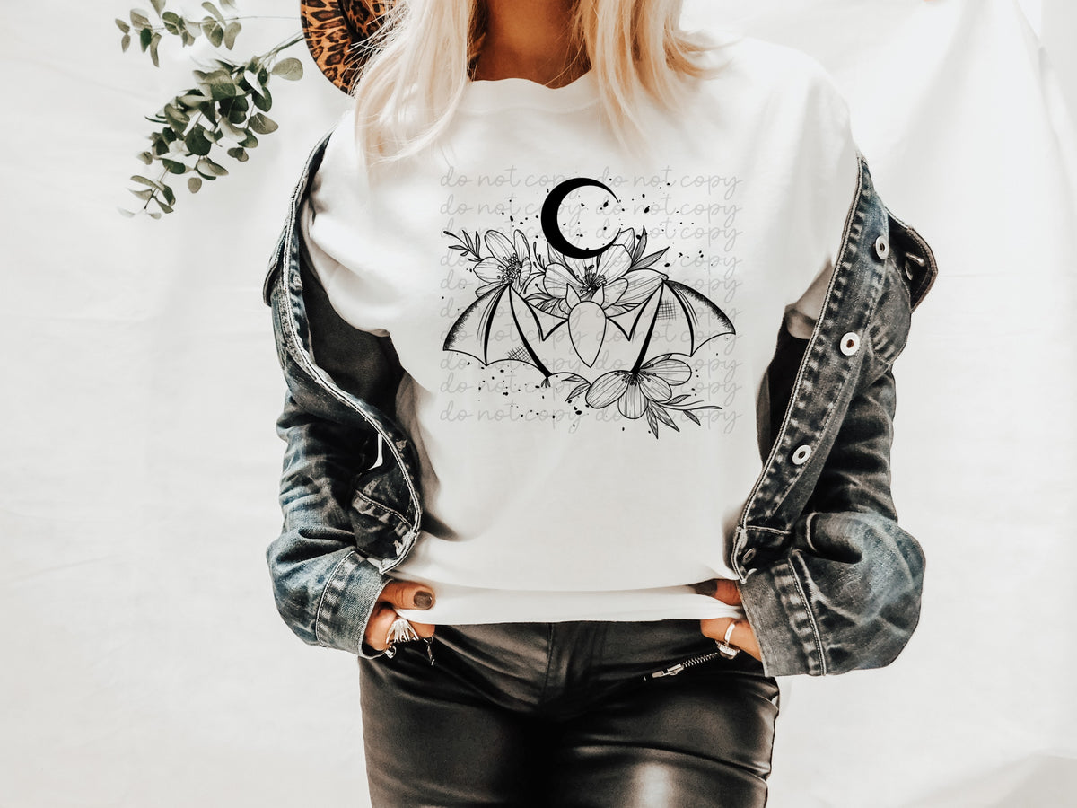 Floral bat and moon BLACK screen print transfer