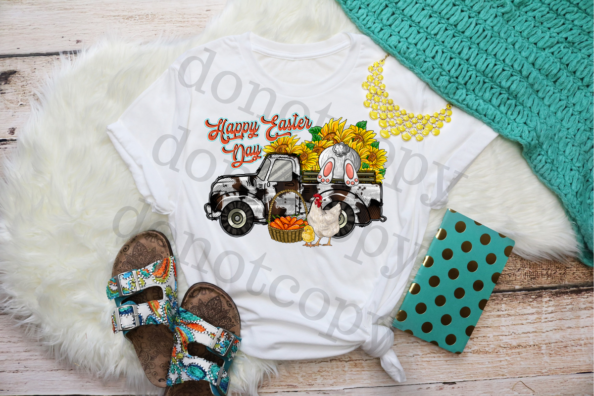 Happy Easter Day cowhide truck with bunny and chicken DTF TRANSFER