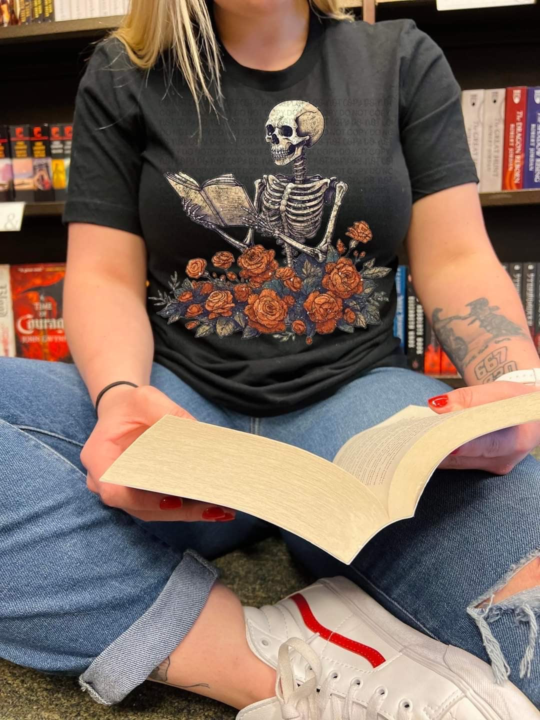 Skeleton reading book in flowers DTF TRANSFER
