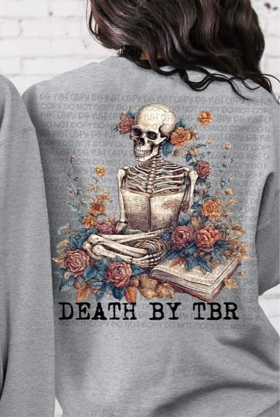 Death by TBR Skeleton hugging book with florals and greenery DTF TRANSFER