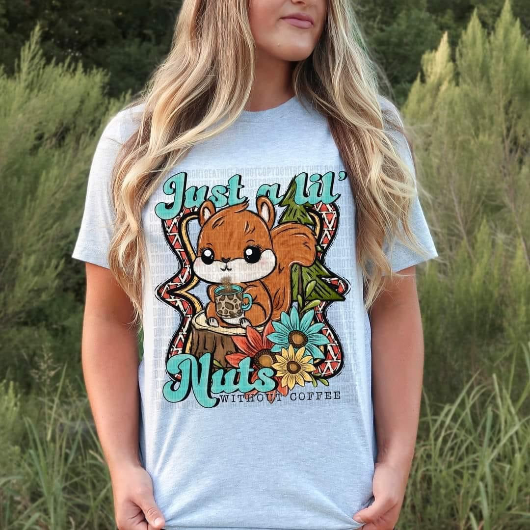 Just a lil but without coffee (squirrel, coffee, flowers) DTF transfer