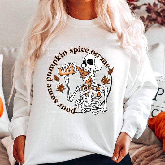Pour some pumpkin spice on me (circle with skull drinking PSL) 112116 DTF TRANSFER