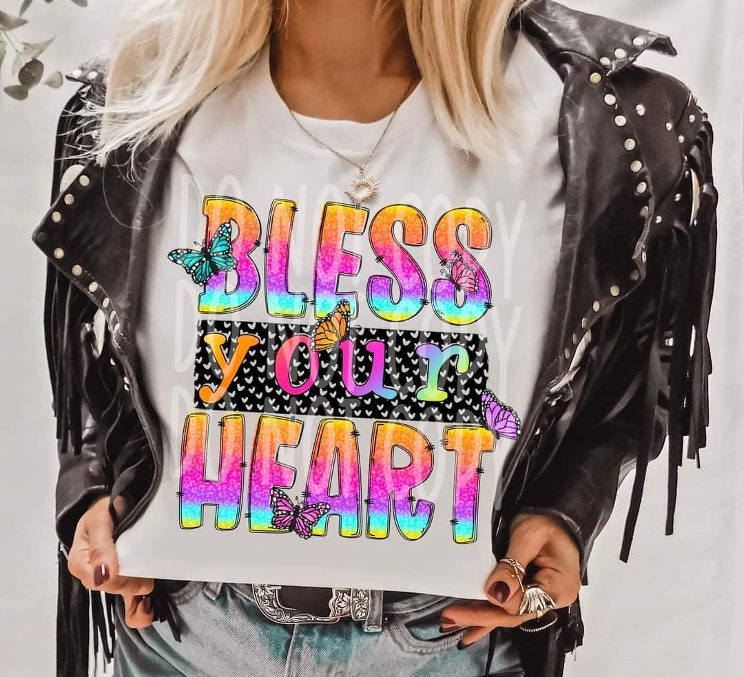 Bless your heart (colorful “orange, pink, purple, blue, yellow” butterflies)  DTF TRANSFER