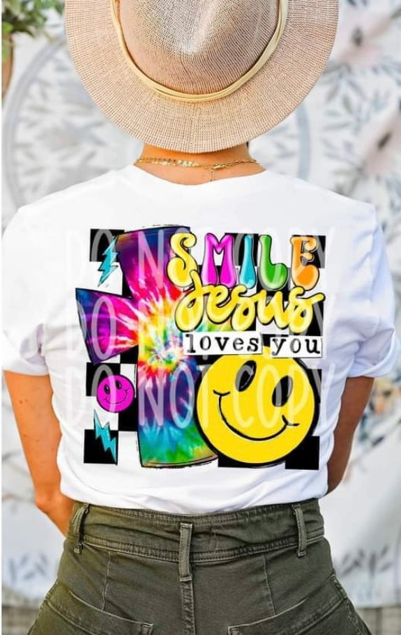 Smile Jesus loves you (tye dye cross, smiley face, checkered background) DTF TRANSFER