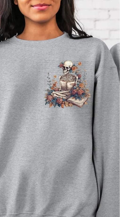 Skeleton hugging book with florals greenery pocket design CHOOSE SIZE DTF TRANSFER