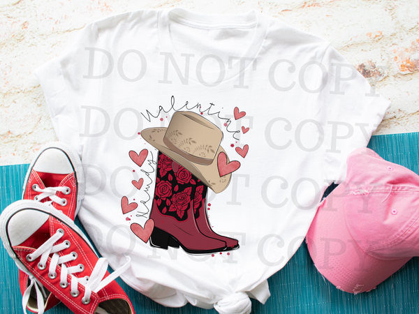 Howdy Valentine with boot hat and hearts DTF TRANSFER