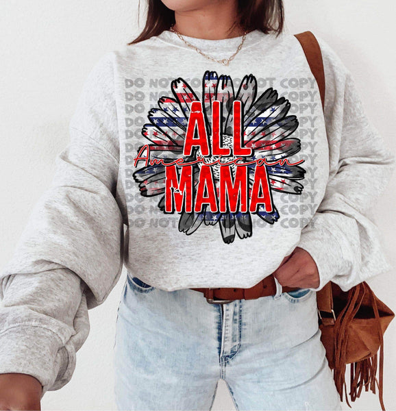 All American Mama sunflower red font DTF transfer