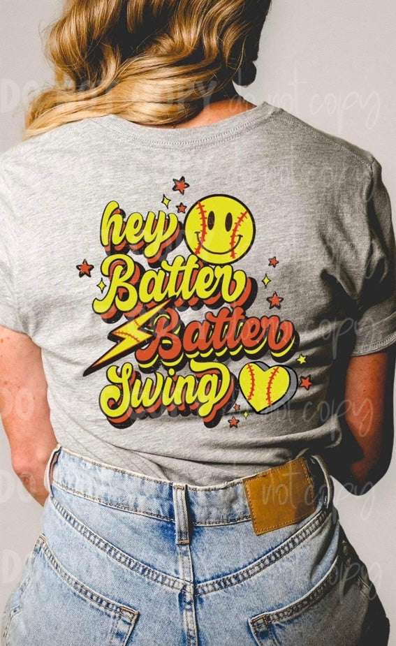 Softball Hey batter batter batter swing (red and yellow lettering, lightning bolt, stars, heart smiley) has matching pocket available DTF transfer