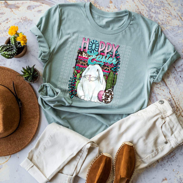 Happy Easter turquoise and cow print bunny and eggs DTF TRANSFER