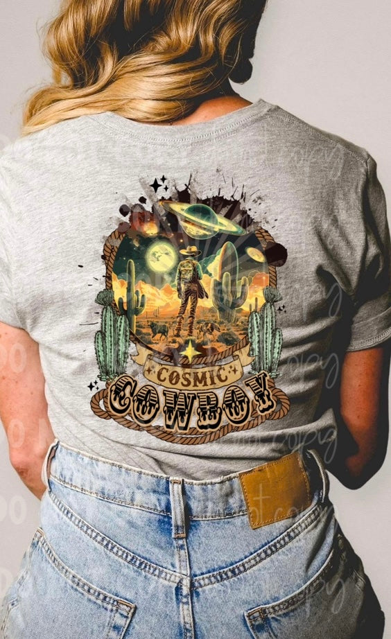 Cowboy cosmic (planets, cactus) has matching pocket available DTF transfer