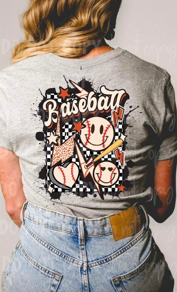 Baseball happy faces retangle (baseball heart, leopard lightning bolt, bat, checkered background) has matching pocket available DTF transfer
