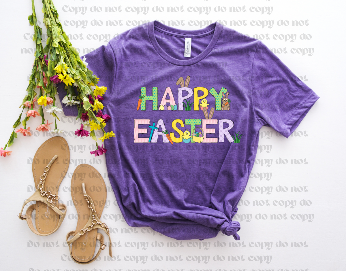 Happy Easter bunnies and eggs graphic DTF TRANSFER