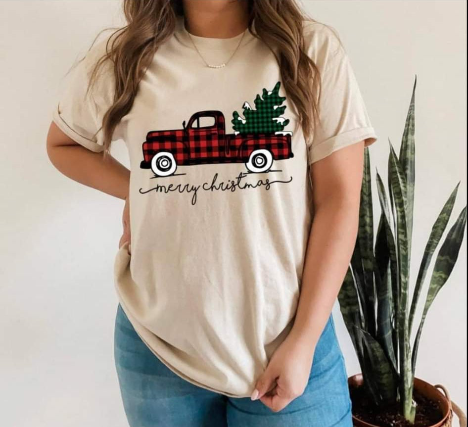 Merry Christmas buffalo plaid truck with tree and snow 8457 DTF TRANSFER