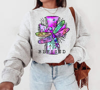 Blessed colorful cross with dragonfly DTF TRANSFER