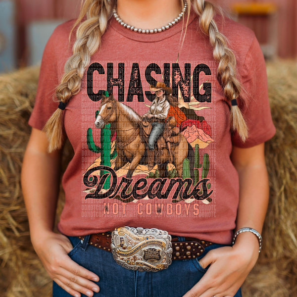 Chasing dreams not cowbous brown horse with cowgirl DTF TRANSFER