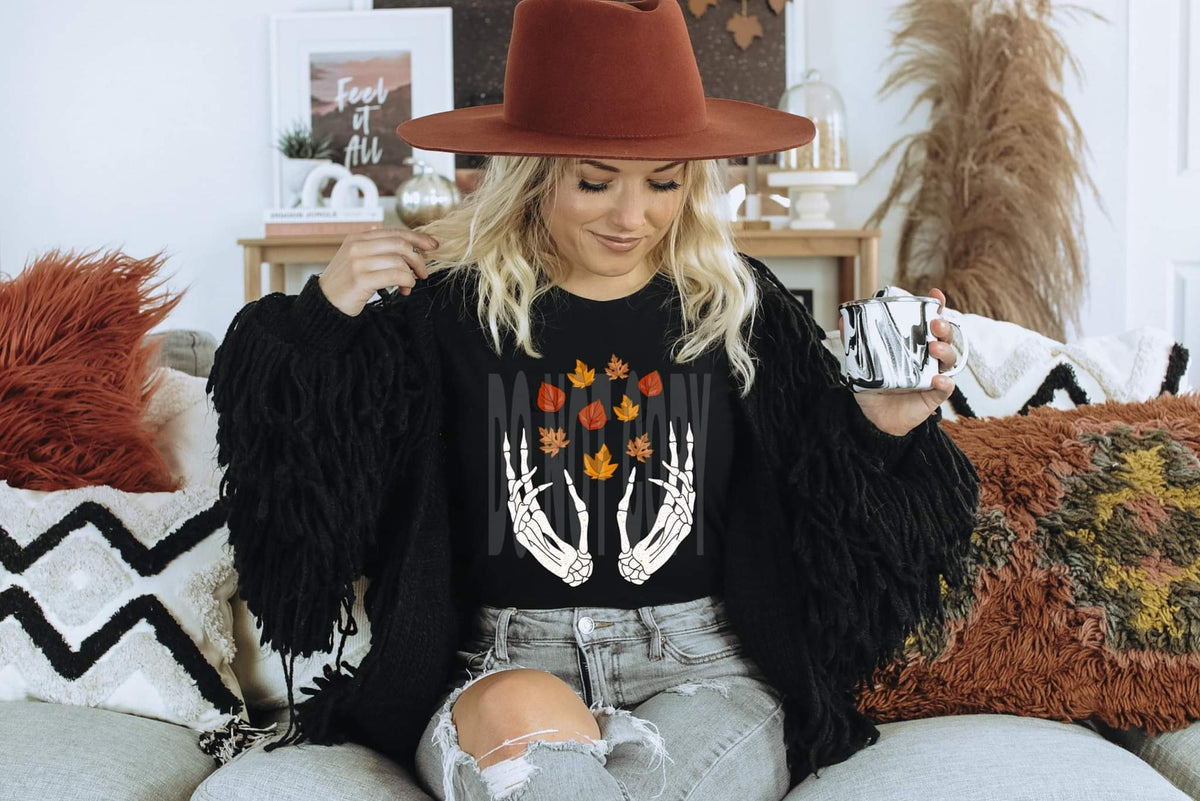 Skellie hands with fall leaves DTF TRANSFER