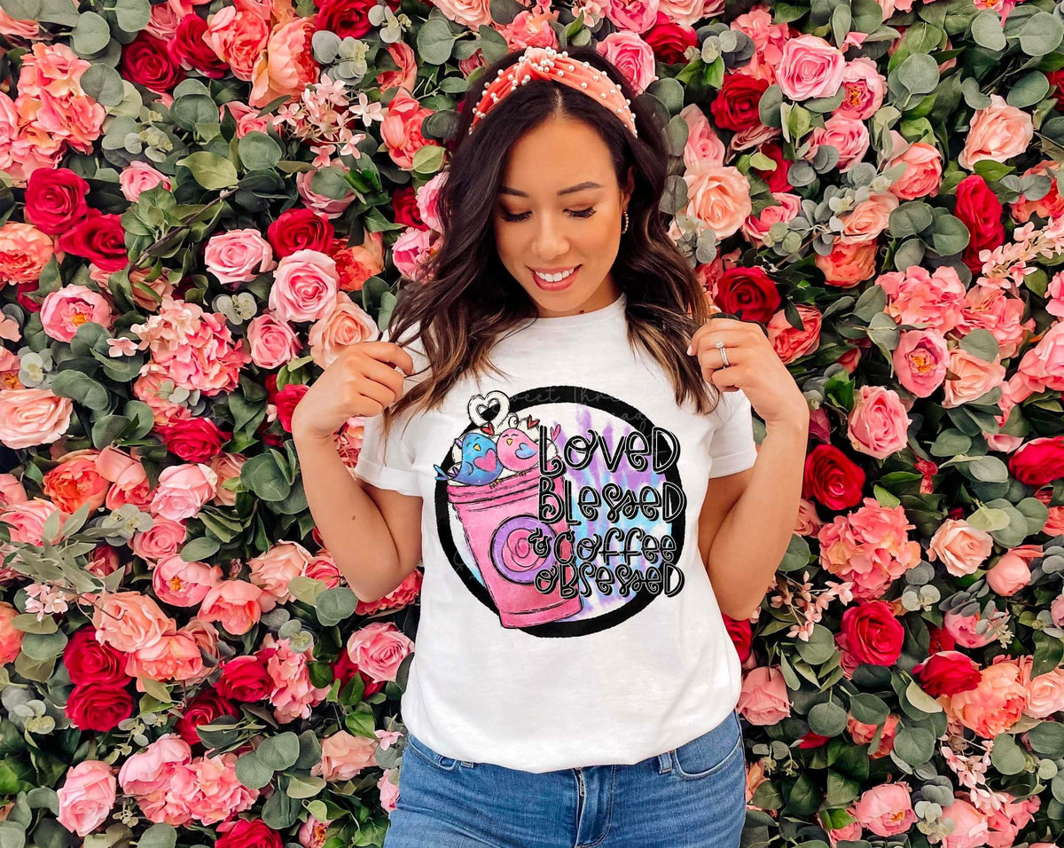 Loved blessed and coffee obsessed circle DTF TRANSFER